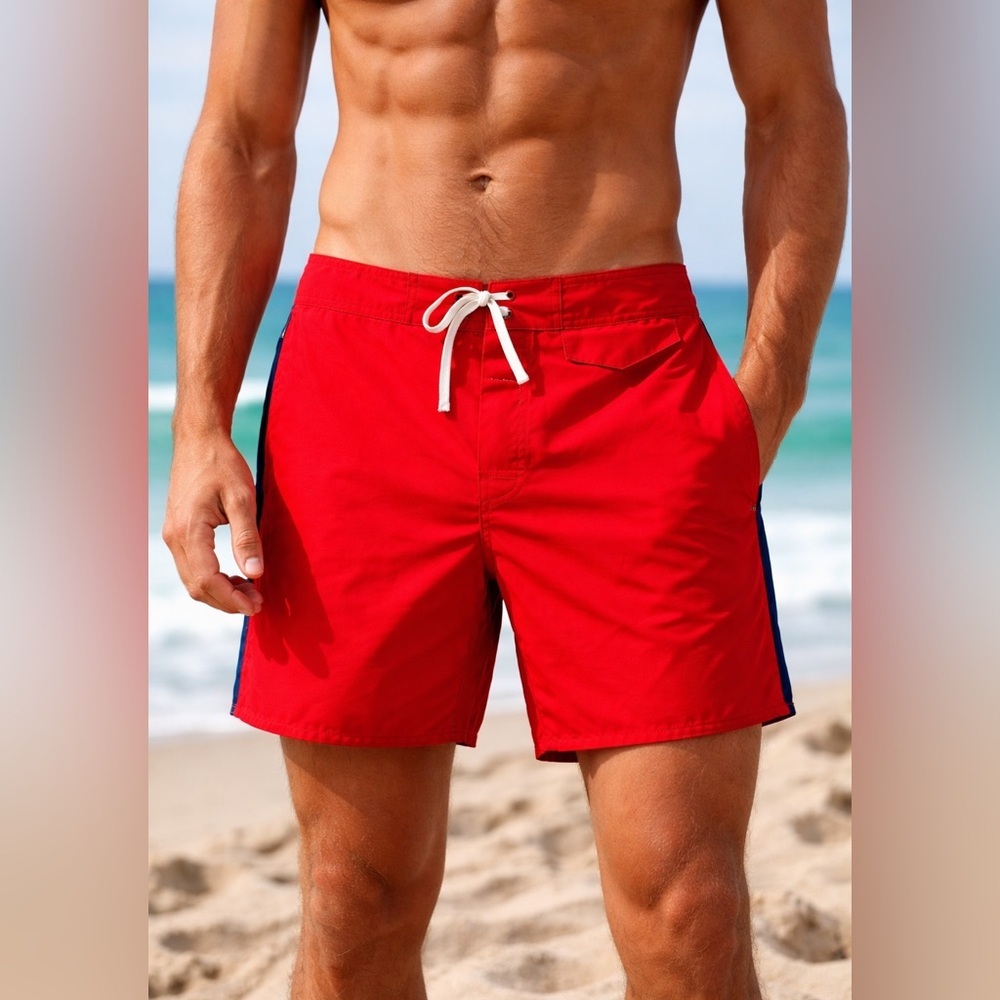 Men’s Red Board Shorts Swim Trunks Surf Shorts Drawstring – Beach Swimwear